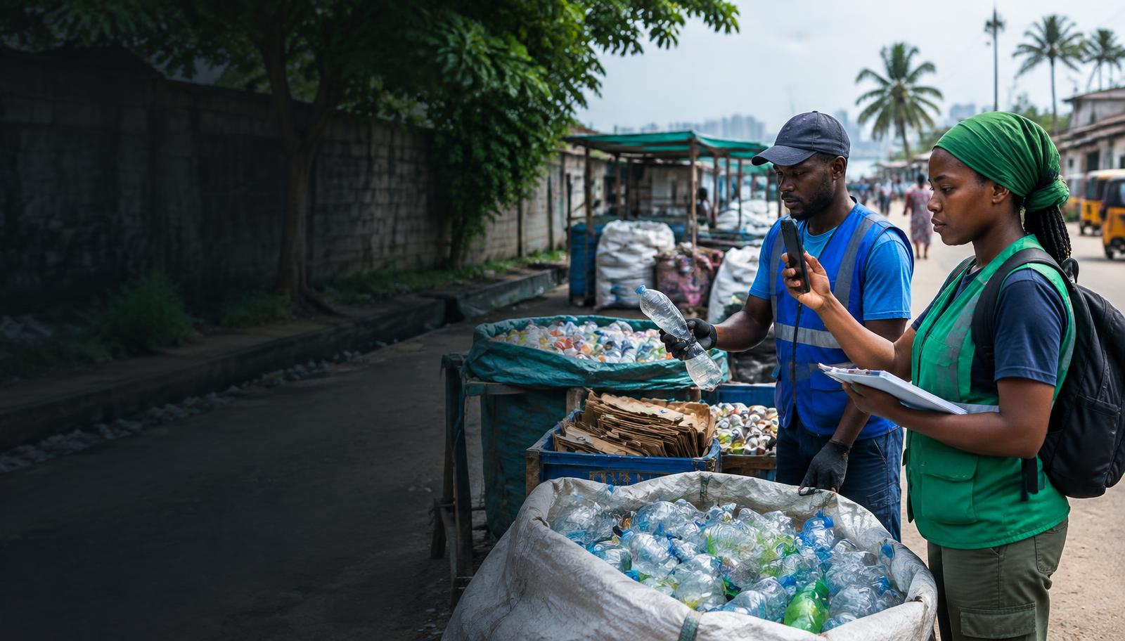 Illustrative scene of field workers documenting recyclable materials in a Nigerian community